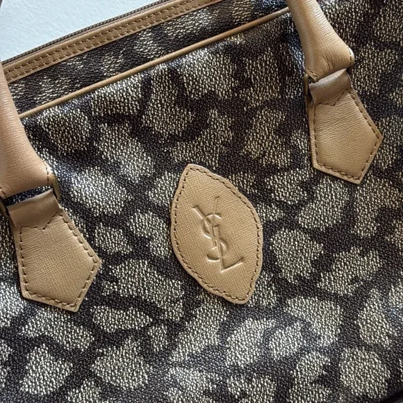 Vintage YSL Giraffe Print Boston Bag Brown MochaCanvas Leather Trim Luxury